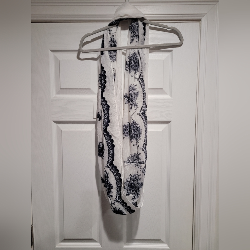 Elegant White and Black Floral Scarf